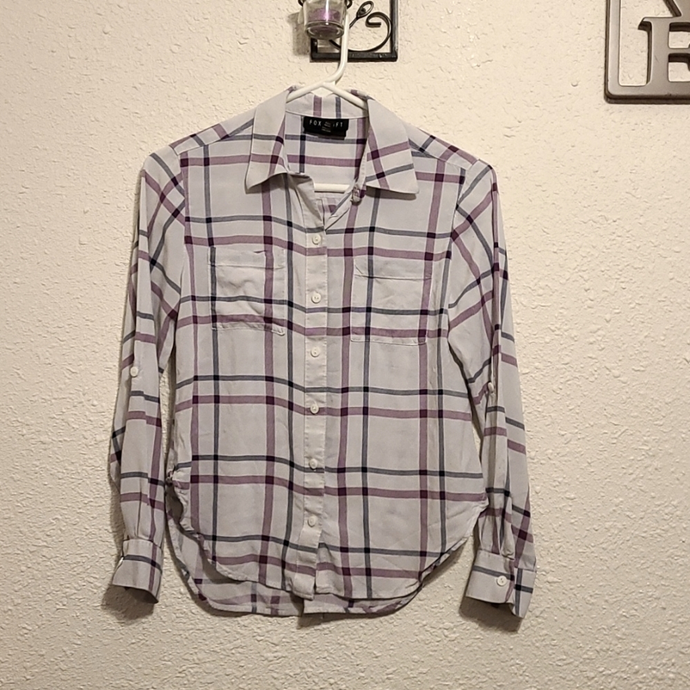 2-Petite Purple and White Plaid Button-Down Shirt with Roll Tab Sleeves